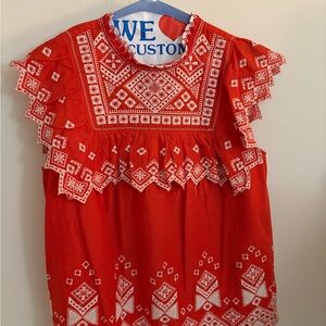Anthropologie Red and White Embroidered Top